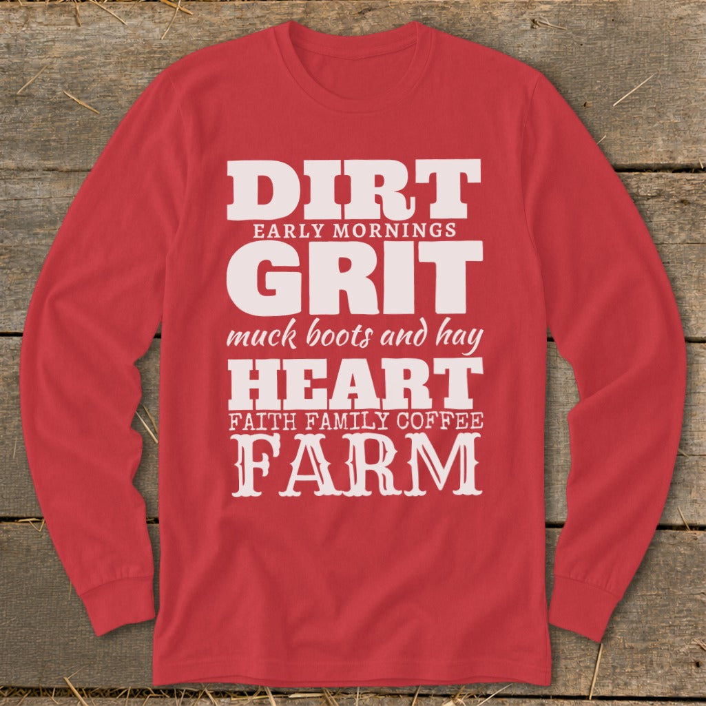 Red long sleeve shirt with text "Dirt, Grit, Heart, Farm" and supporting phrases.