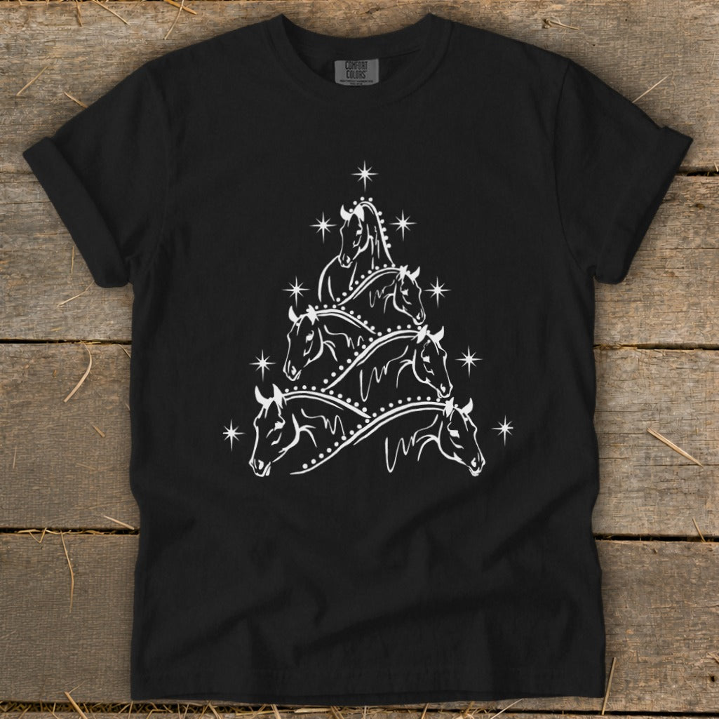 Black t-shirt with a white Christmas tree design made of horse heads and stars.