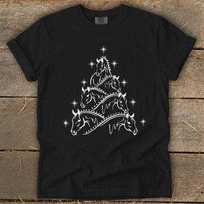 Black t-shirt with a white Christmas tree design made of horse heads and stars.