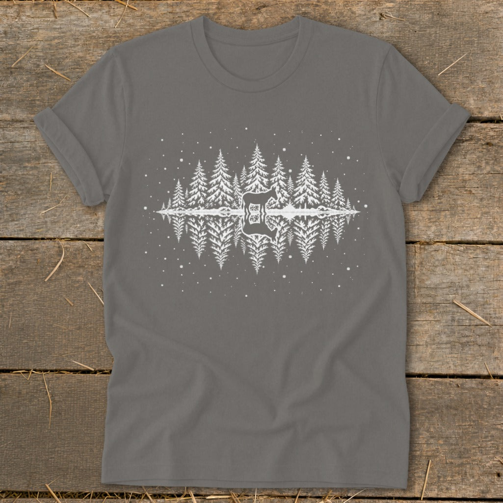 Gray t-shirt with white graphic of mirrored pine trees and a deer silhouette.