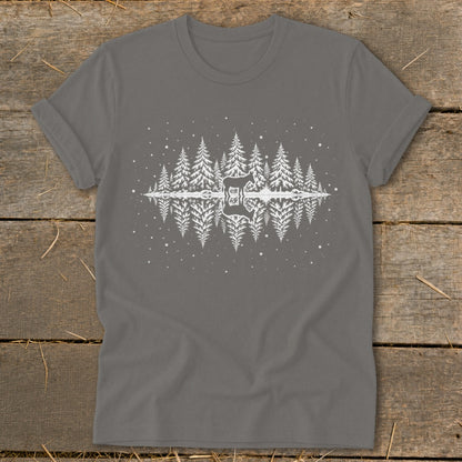 Gray t-shirt with white graphic of mirrored pine trees and a deer silhouette.