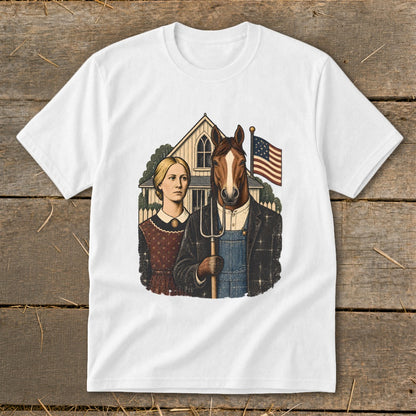 A short-sleeve white t-shirt featuring a parody American Gothic print of a woman and a horse-headed man holding a pitchfork.