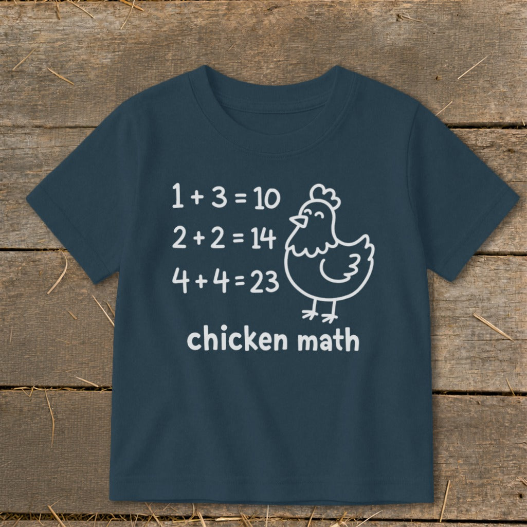T-shirt with "chicken math" graphic featuring equations and a cartoon chicken.