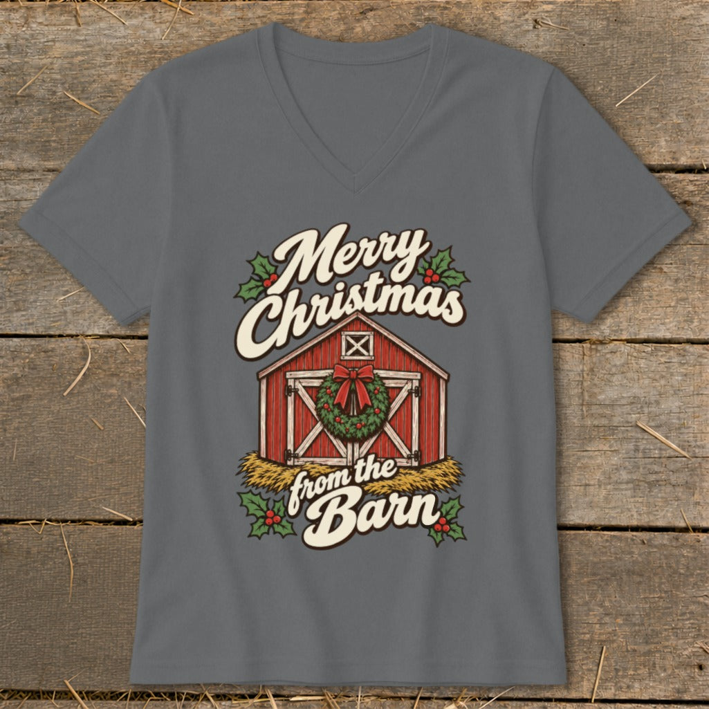 Merry Christmas from the Barn graphic on a gray t-shirt.