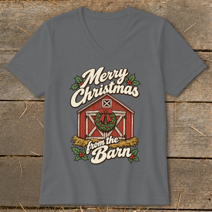 Merry Christmas from the Barn graphic on a gray t-shirt.