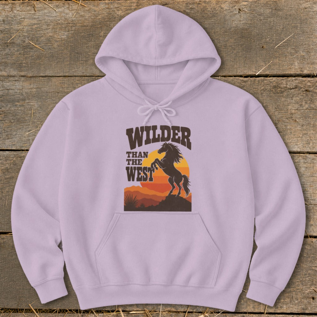 Light purple hoodie with "Wilder than the West" text and horse graphic.