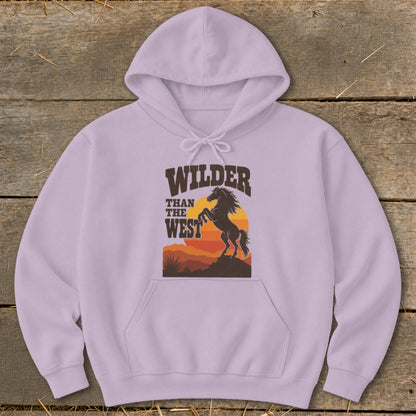 Light purple hoodie with "Wilder than the West" text and horse graphic.