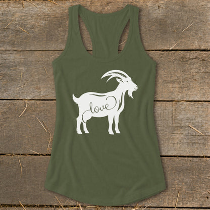 Green tank top with white goat graphic with "love" integrated into its body.