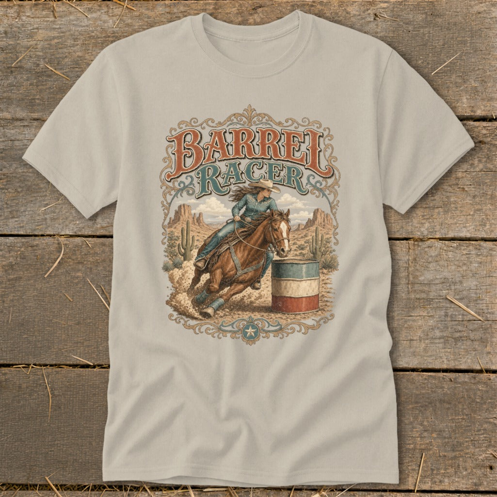Barrel racer on horseback rounding a barrel with desert landscape and "Barrel Racer" text.
