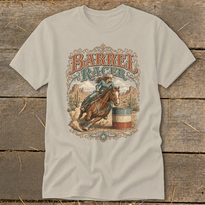 Barrel racer on horseback rounding a barrel with desert landscape and "Barrel Racer" text.