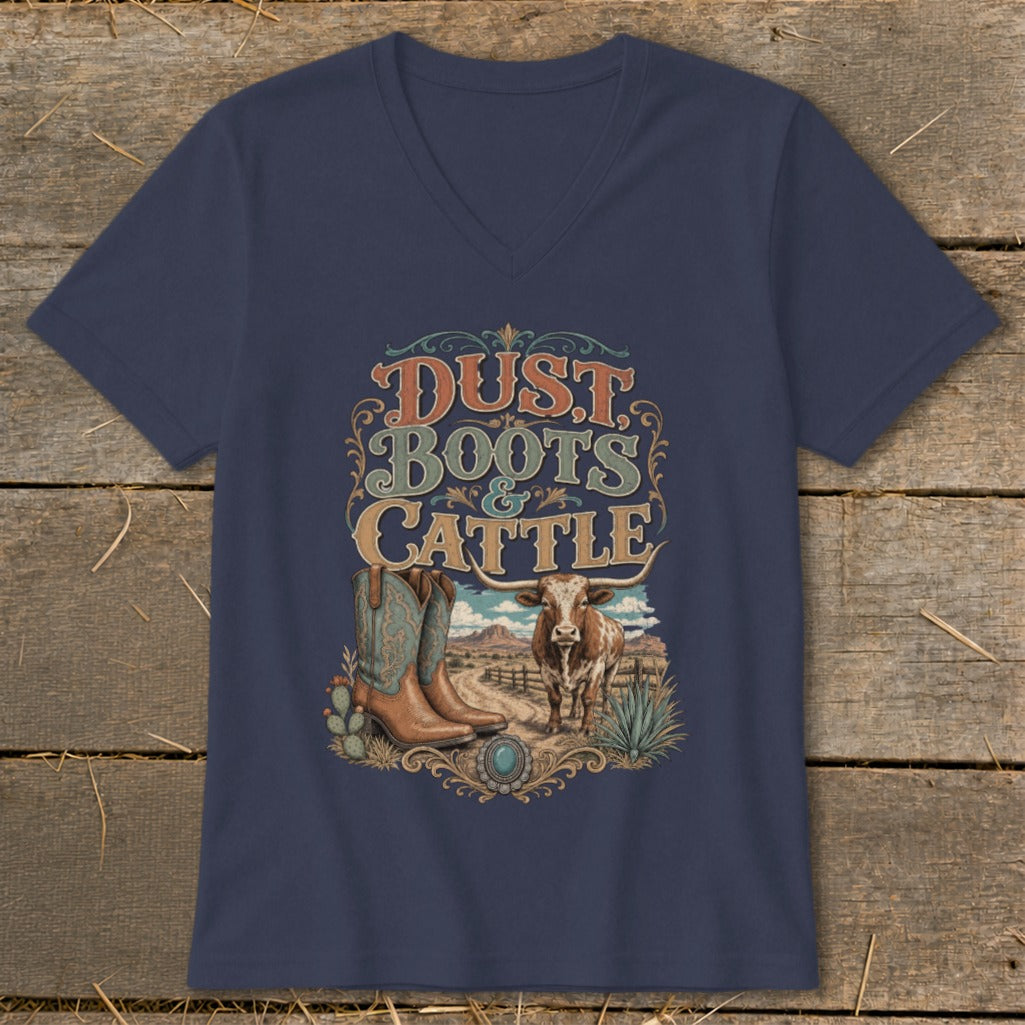 Navy t-shirt with "Dust Boots & Cattle" graphic, featuring boots, bull, and desert scene.