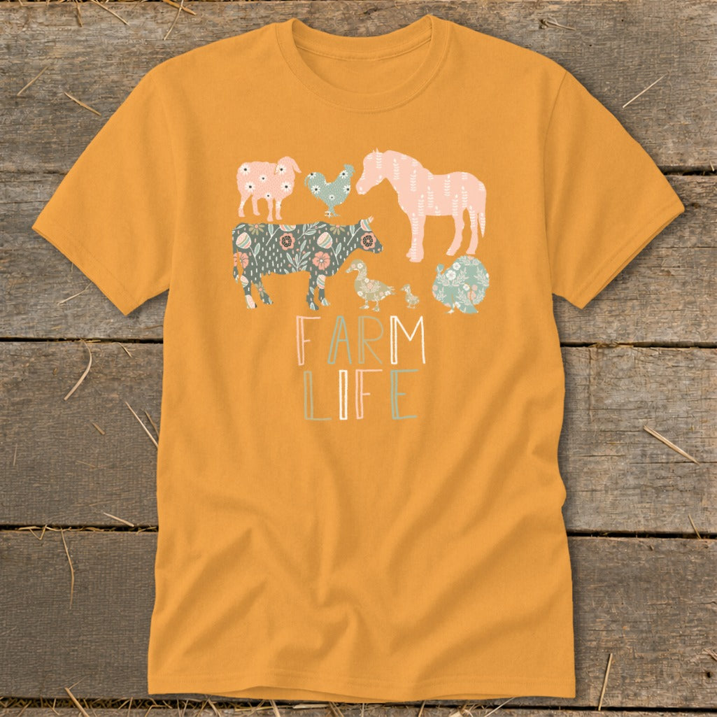 Orange t-shirt with farm animals and "FARM LIFE" text.