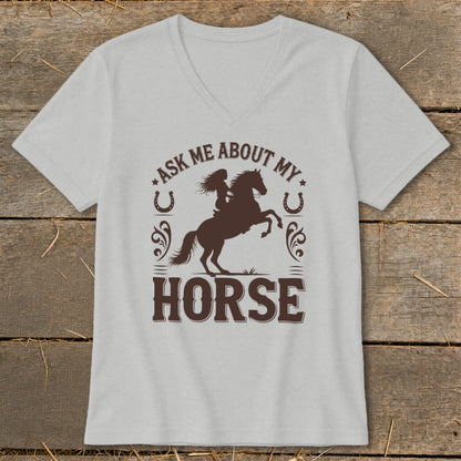 Gray t-shirt with brown graphic: "Ask Me About My Horse" and a rider on a horse.