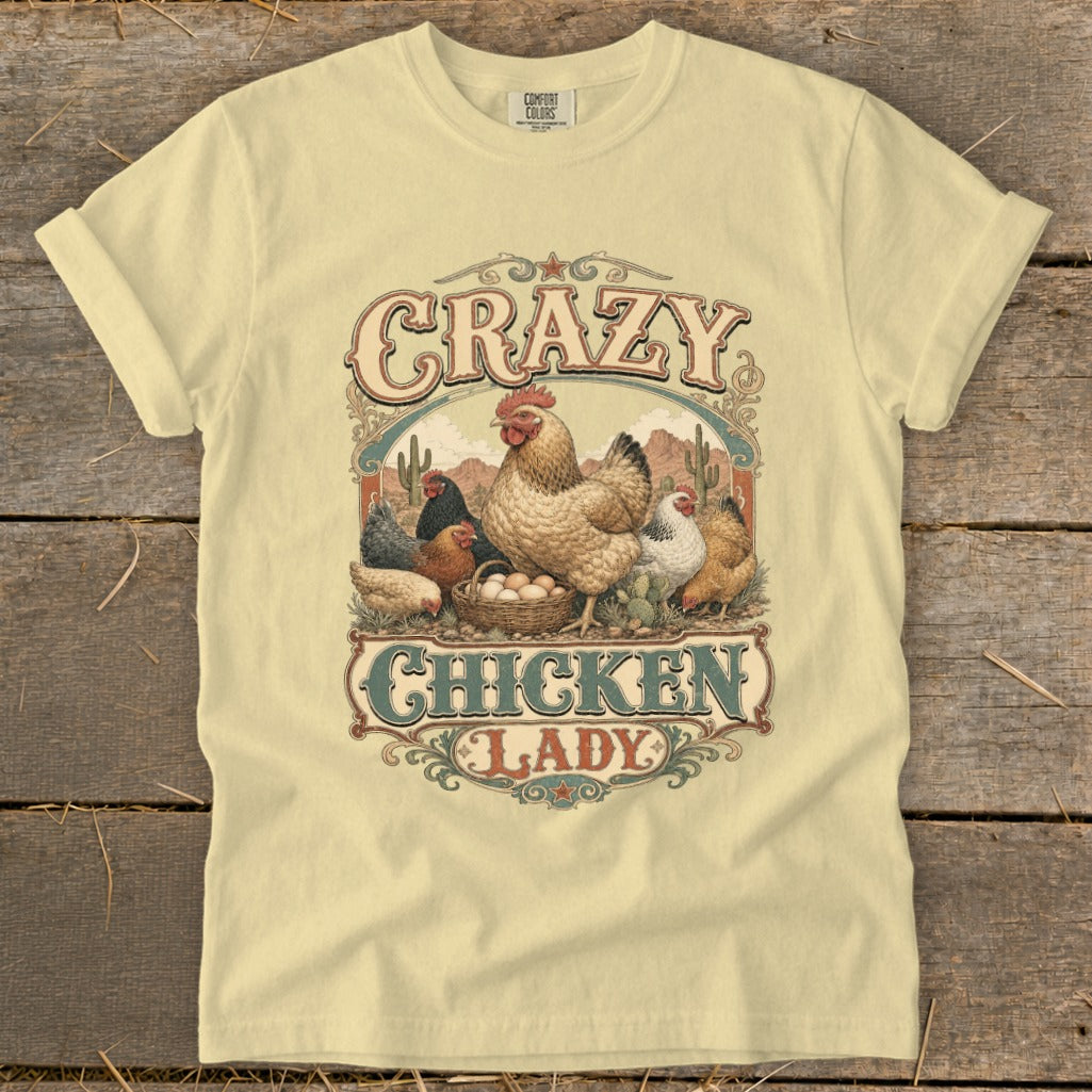 Light yellow t-shirt with "Crazy Chicken Lady" graphic featuring chickens and eggs.