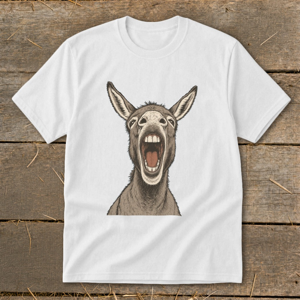 White t-shirt with a detailed drawing of a donkey's head with its mouth wide open.