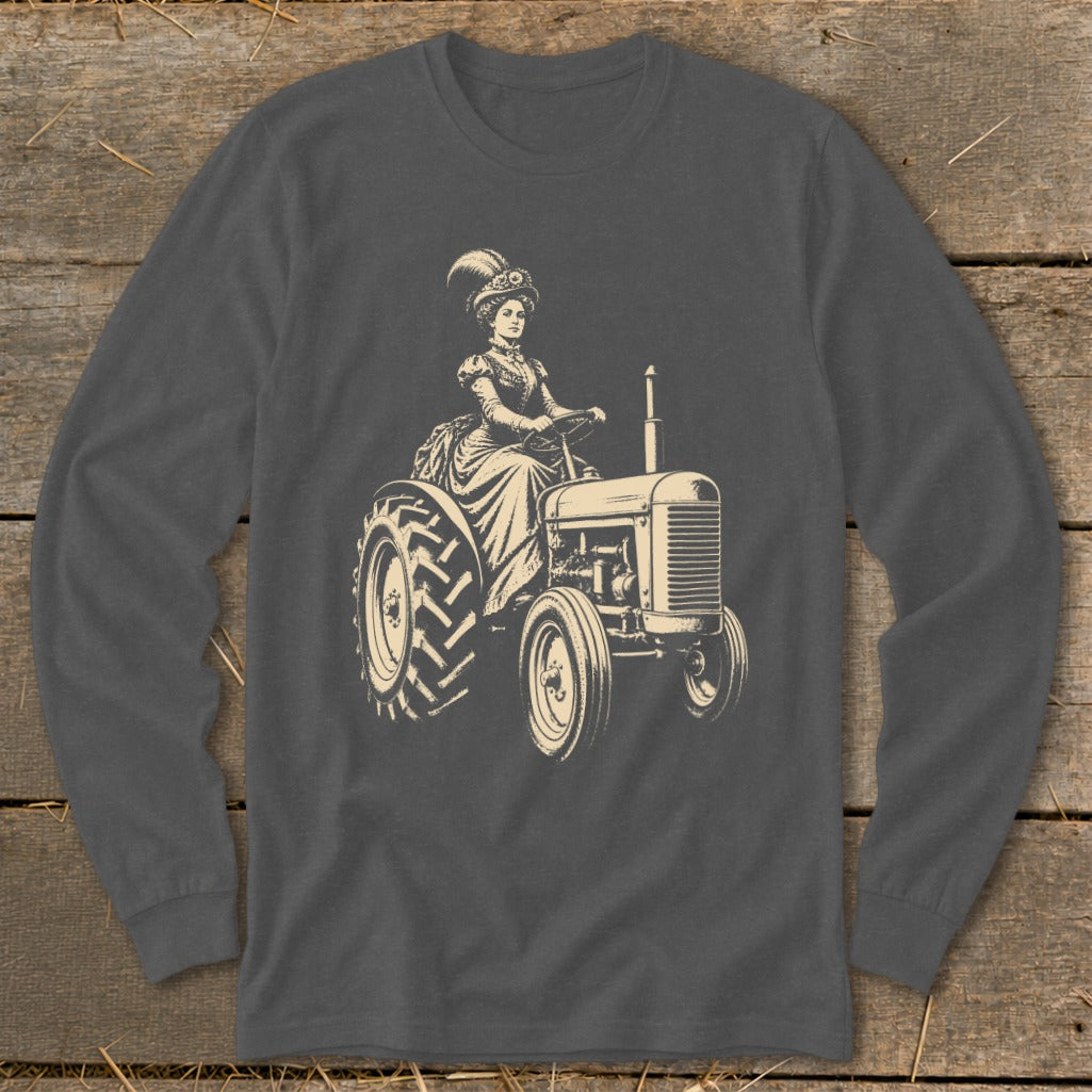 Engraving of a woman in vintage clothing driving a tractor.