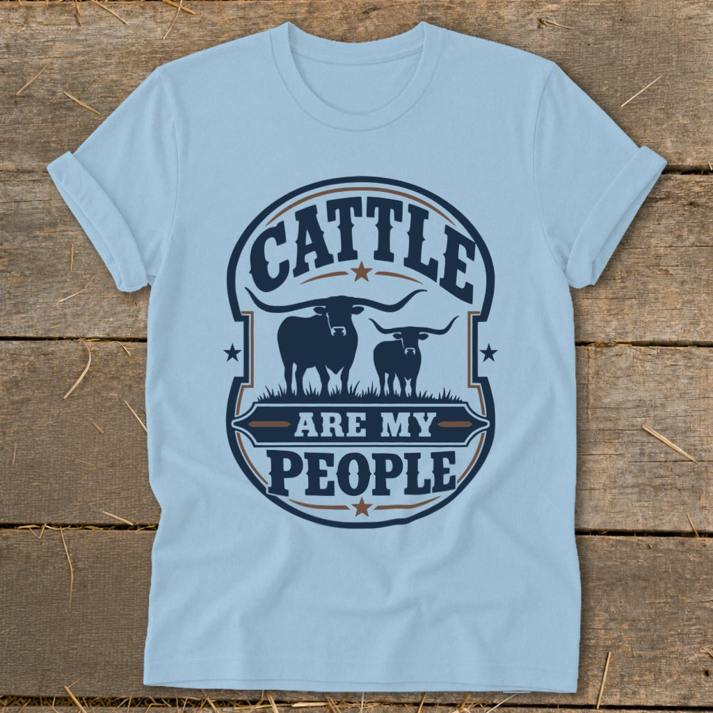 Light blue t-shirt with "Cattle Are My People" text and two longhorn cattle graphics.