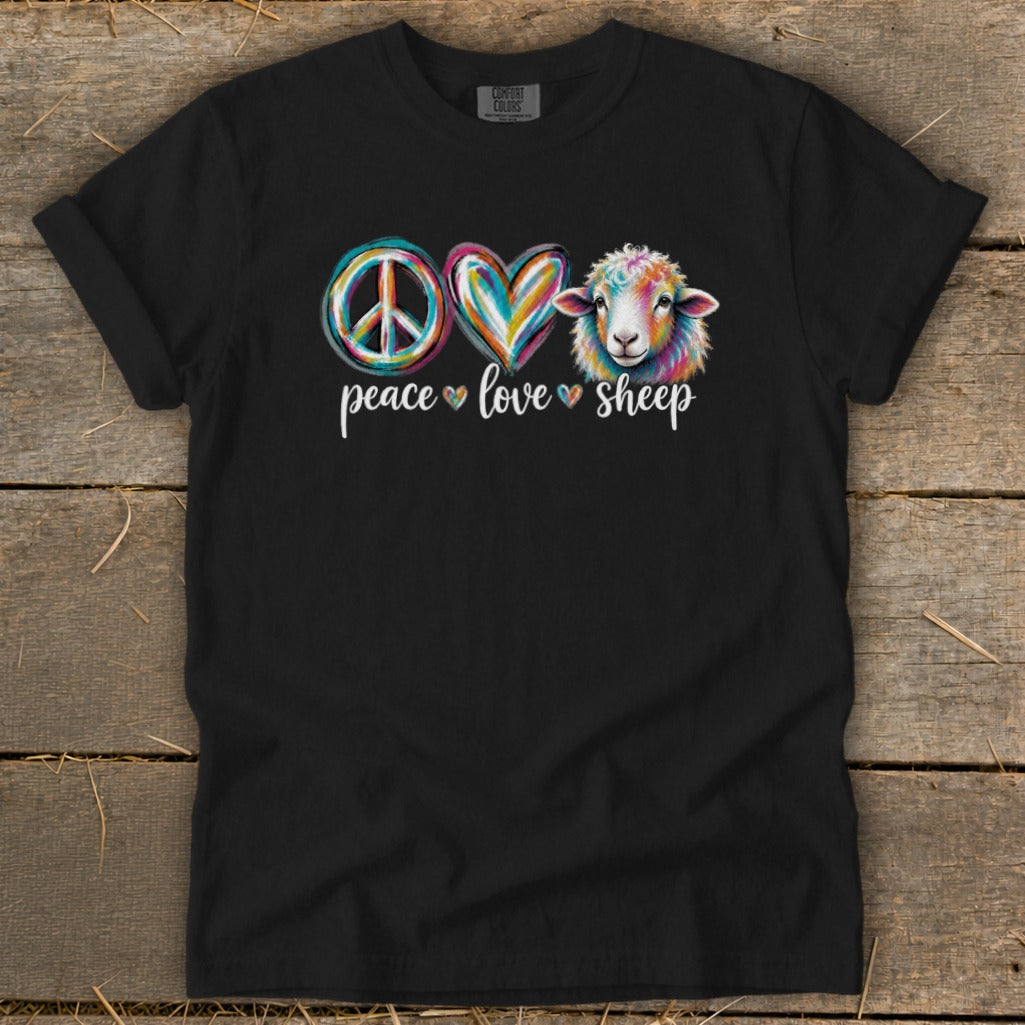 Black t-shirt with peace, heart, and sheep graphic and text "peace love sheep."