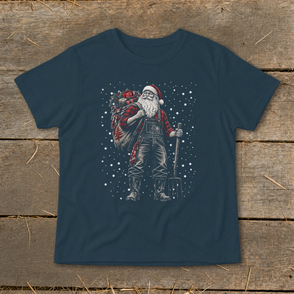 Santa Claus in overalls and plaid shirt carrying a sack and pitchfork.