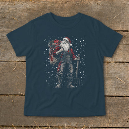 Santa Claus in overalls and plaid shirt carrying a sack and pitchfork.