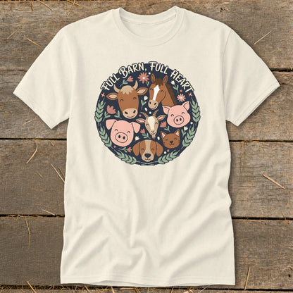 Cream t-shirt with circular farm animal graphic and text "FULL BARN, FULL HEART".