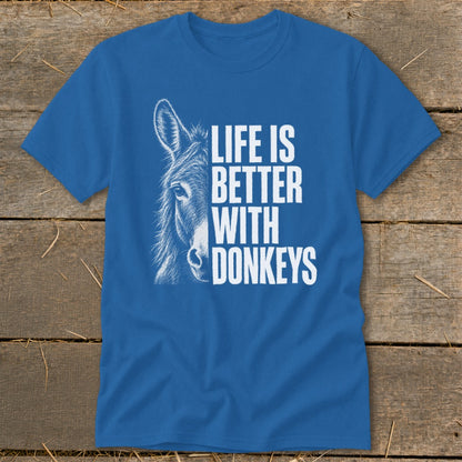 Blue t-shirt with white text and donkey illustration: "Life is better with donkeys".