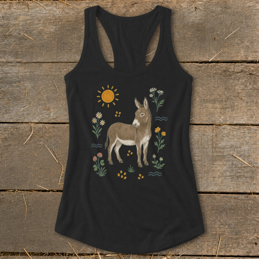 Black tank top with a donkey illustration and sun with flowers.