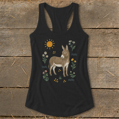 Black tank top with a donkey illustration and sun with flowers.