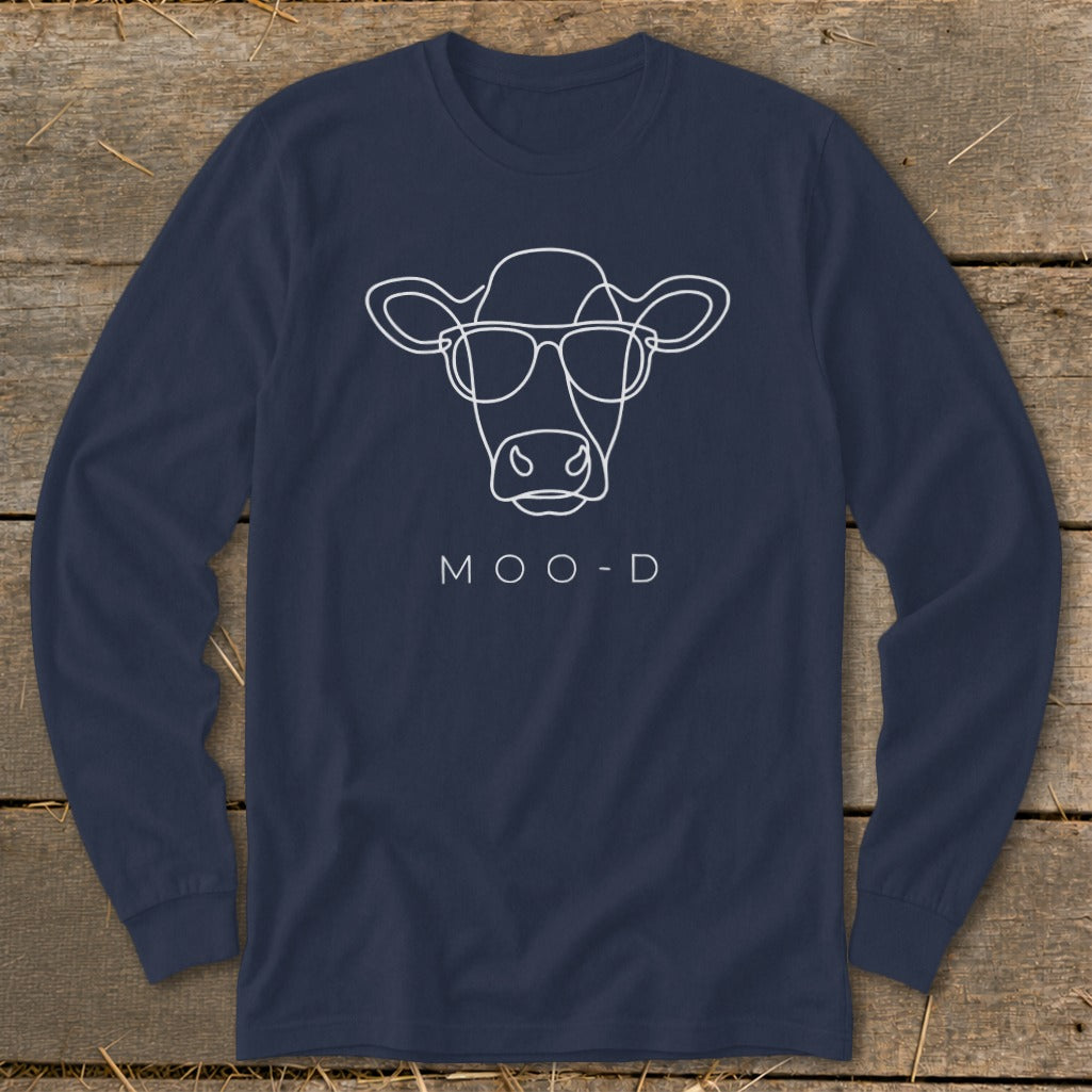 Navy long-sleeve shirt with white line art of a cow wearing glasses and text "MOO-D".
