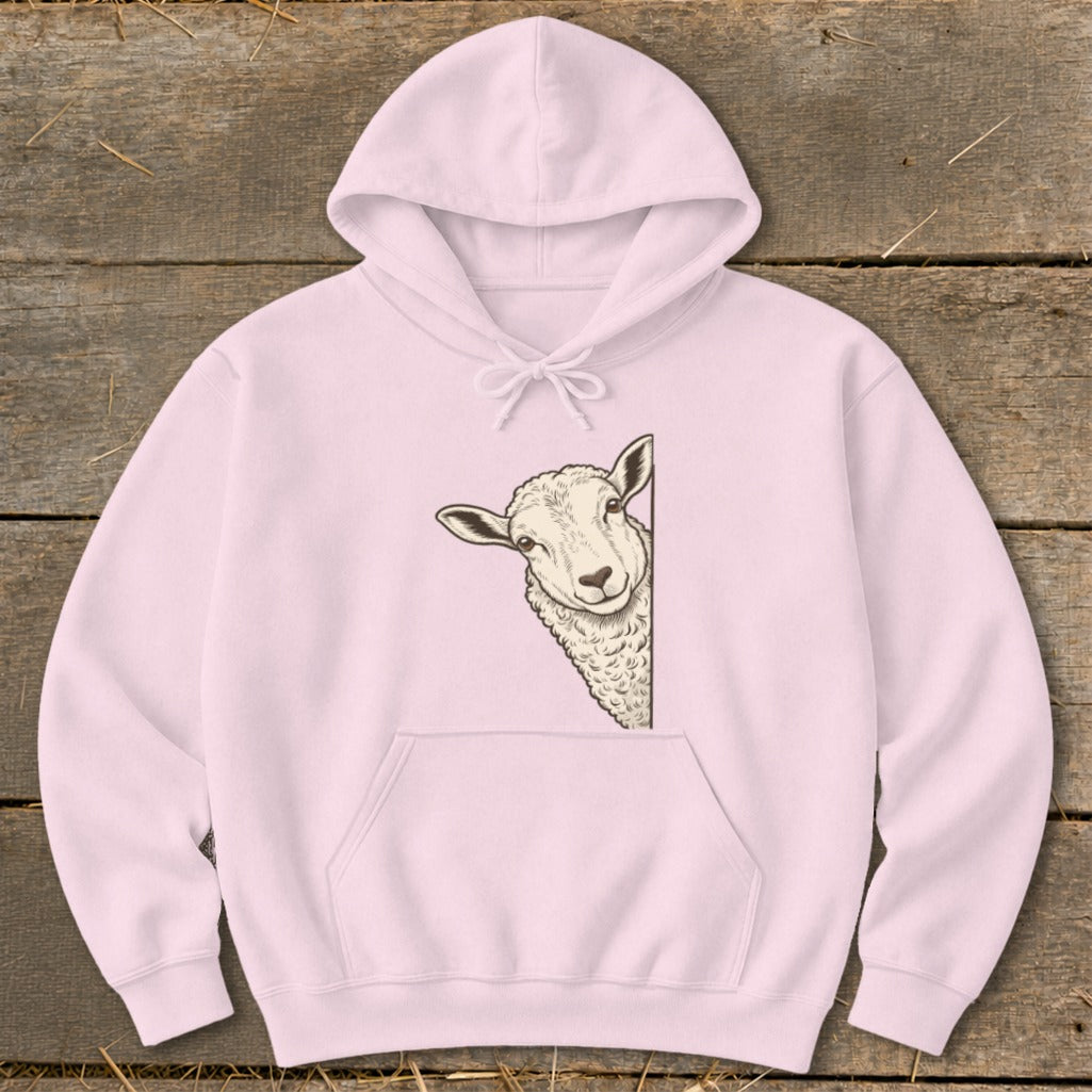 Light pink hoodie with a drawing of a sheep peeking from the side.