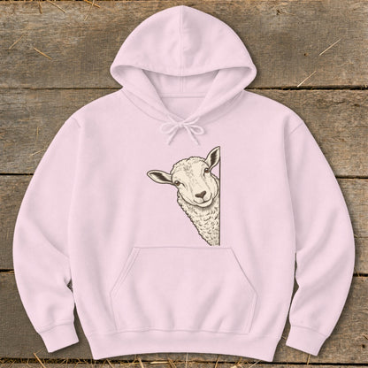 Light pink hoodie with a drawing of a sheep peeking from the side.
