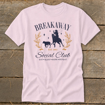 Breakaway Social Club t-shirt with rodeo graphic and text "Eat Sleep Rope Repeat".