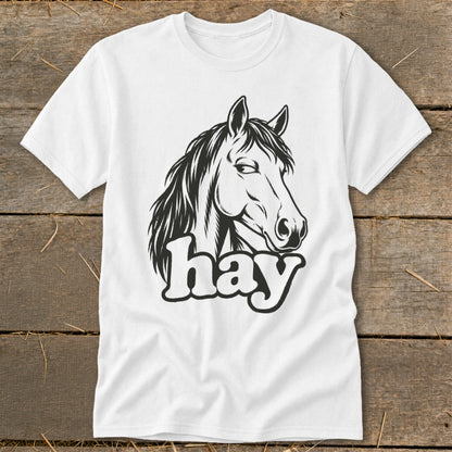 White t-shirt with black graphic of a horse head and the word "hay".