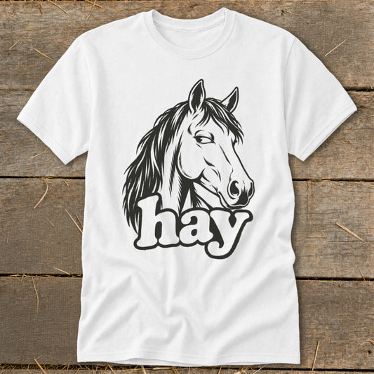 White t-shirt with black graphic of a horse head and the word "hay".