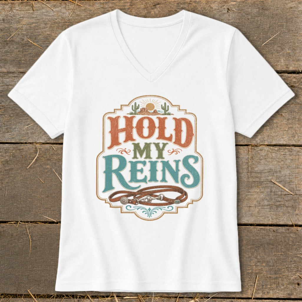 White t-shirt with "Hold My Reins" text and a leather horse bridle graphic.