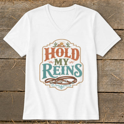 White t-shirt with "Hold My Reins" text and a leather horse bridle graphic.