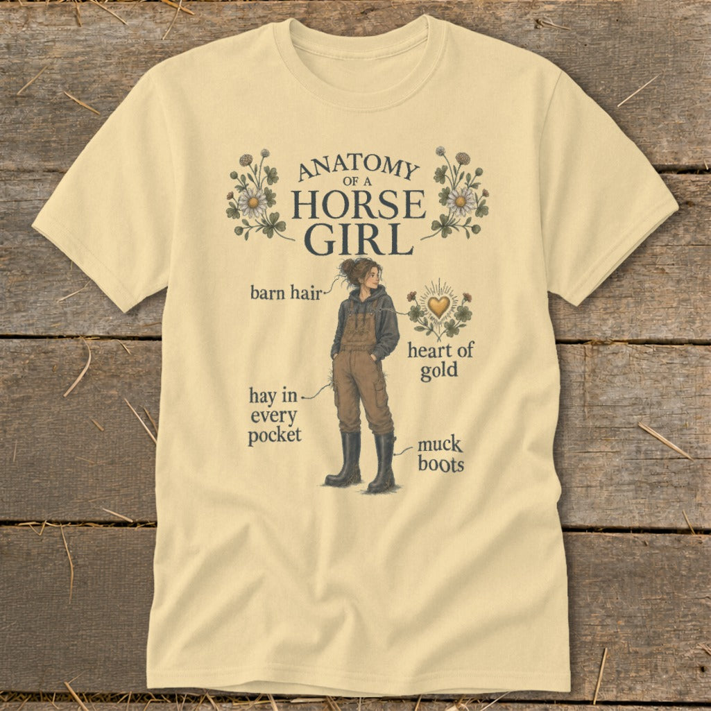 Yellow t-shirt with "Anatomy of a Horse Girl" illustration and text.