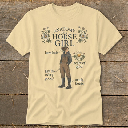Yellow t-shirt with "Anatomy of a Horse Girl" illustration and text.