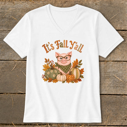 White t-shirt with a pig wearing glasses, surrounded by pumpkins and fall leaves, saying "It's Fall Y'all."