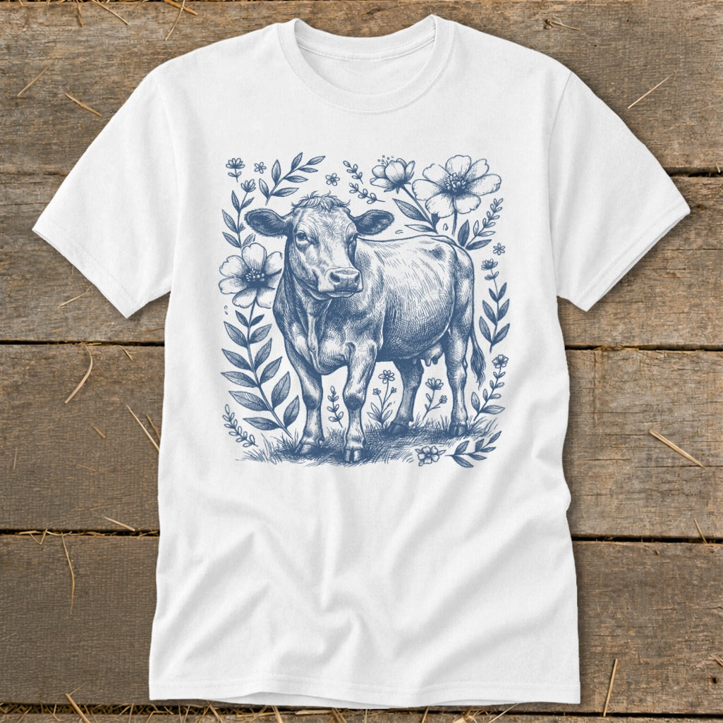 White t-shirt with a blue ink drawing of a cow surrounded by flowers and foliage.