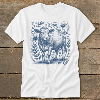 White t-shirt with a blue ink drawing of a cow surrounded by flowers and foliage.