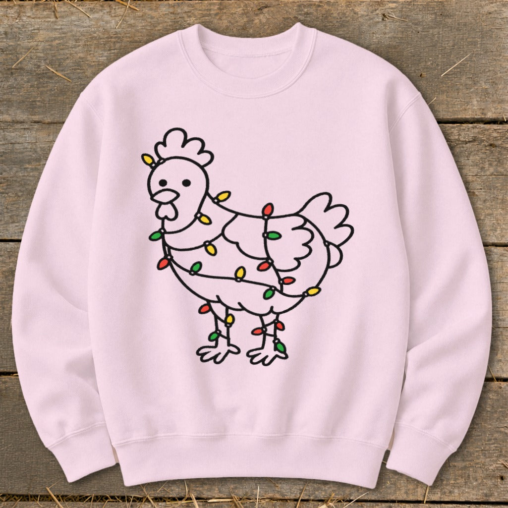 Light pink sweatshirt with a black outline drawing of a chicken wrapped in colorful Christmas lights.