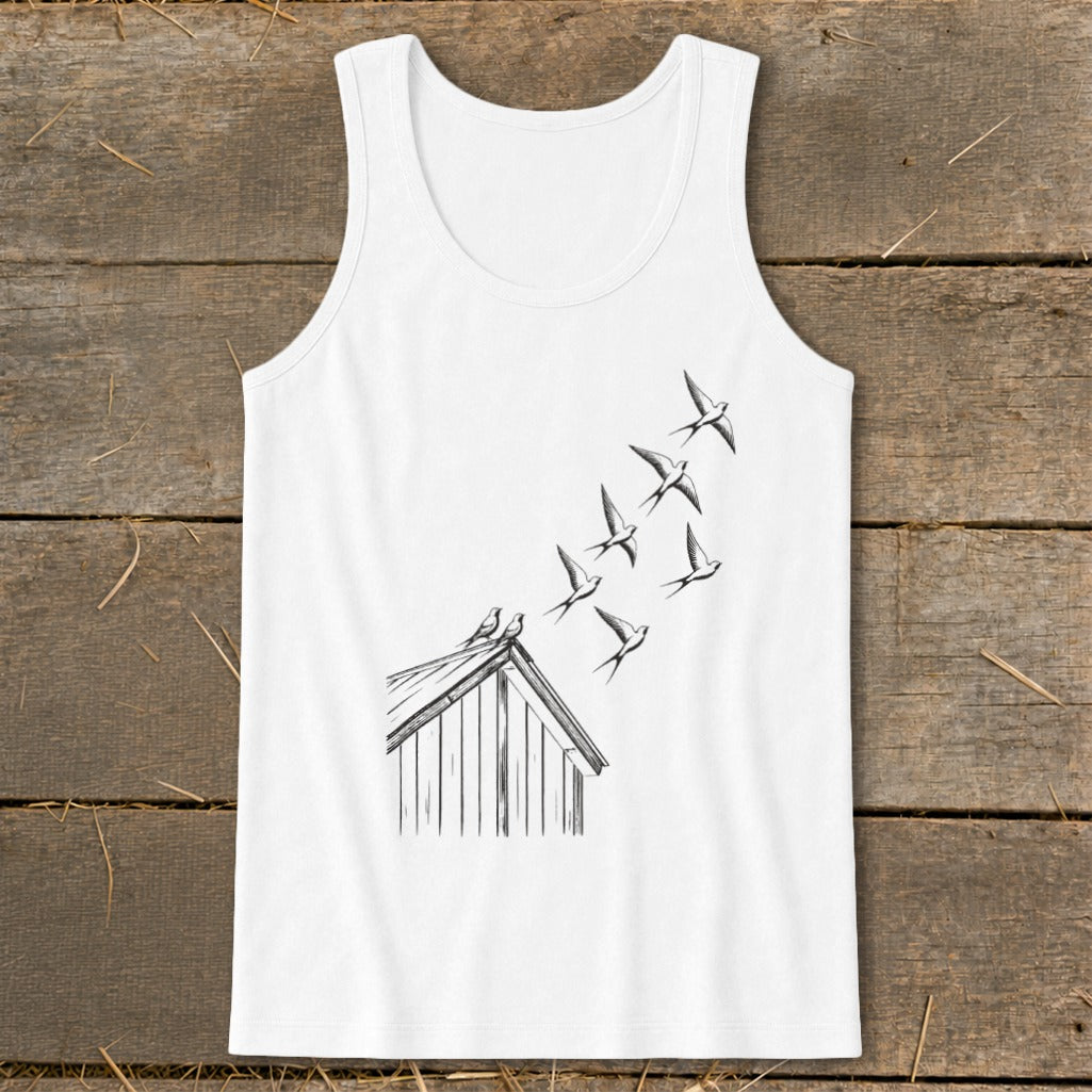 White cotton tank top featuring a black line art graphic of swallows flying from a rooftop.