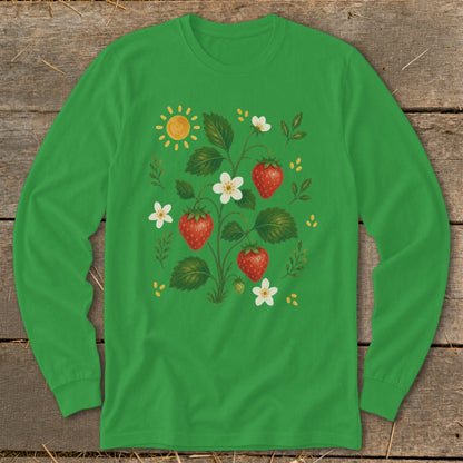 Green long-sleeve shirt with a strawberry plant, sun, and white flowers graphic.