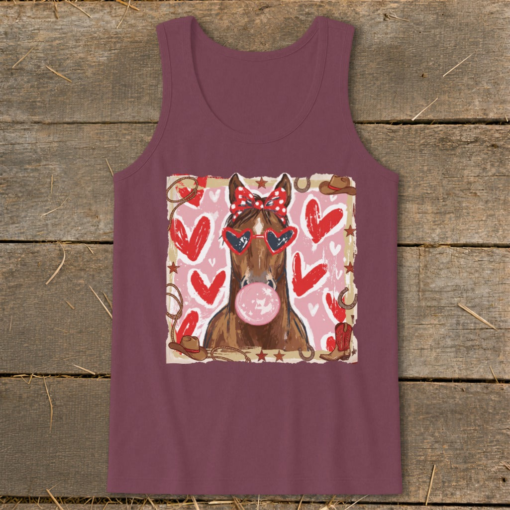 Horse with heart sunglasses and red polka dot bow blowing pink bubble gum.