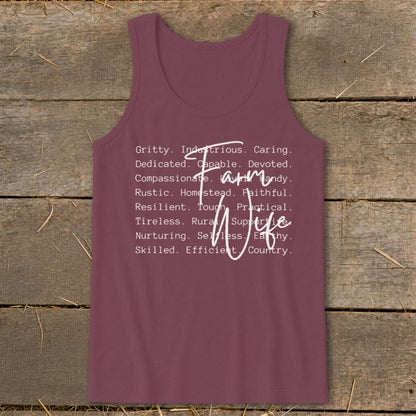 Maroon tank top with "Farm Wife" and descriptive words in white text.