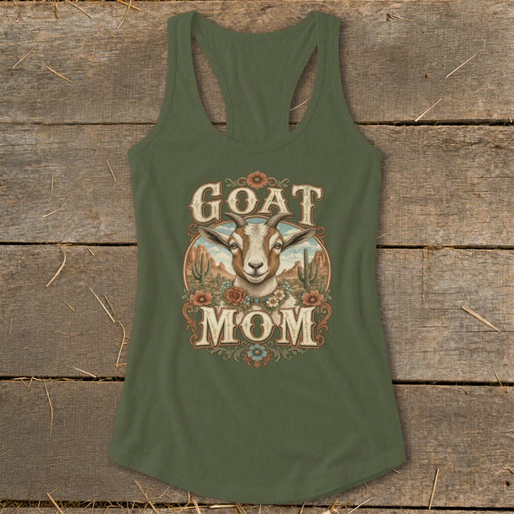 Green tank top with "GOAT MOM" text and a goat in a desert landscape design.
