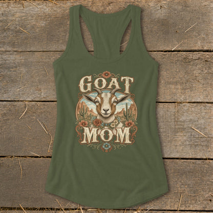 Green tank top with "GOAT MOM" text and a goat in a desert landscape design.
