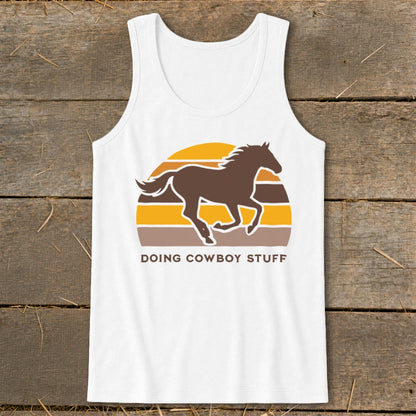 White tank top with brown horse silhouette and retro sunset graphic and text.