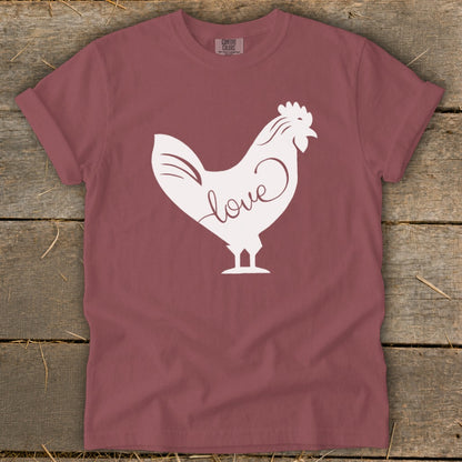 Maroon t-shirt with white chicken silhouette and the word "love".